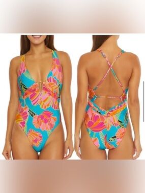 NEW SIZE 14 Trina Turk Aqua Poppy Floral One-Piece Swimsuit beach vacation